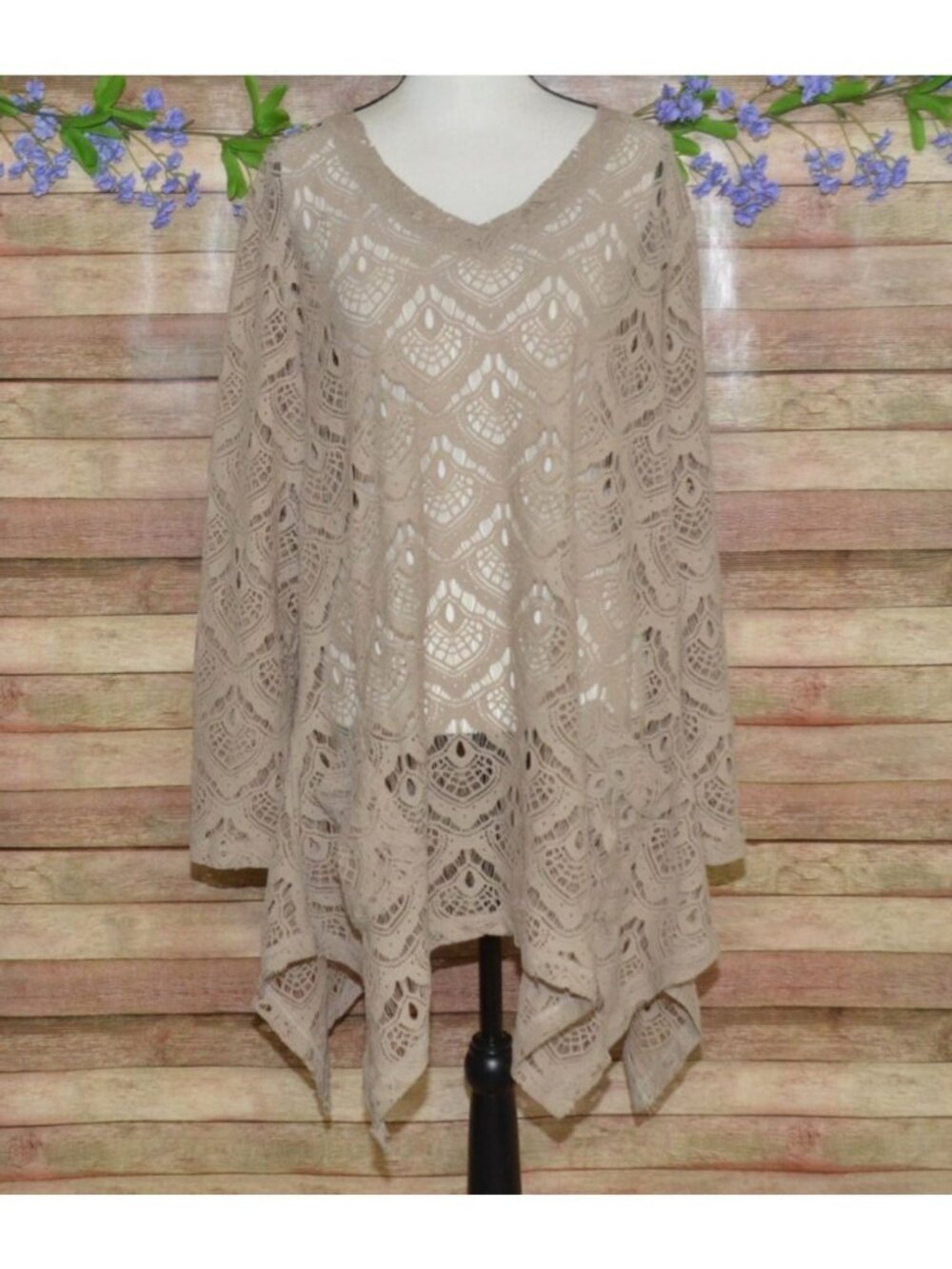 Indigo Soul Taupe Nude Lace Tunic Top 2XL V-Neck Lagenlook Cover Up Shabby Chic